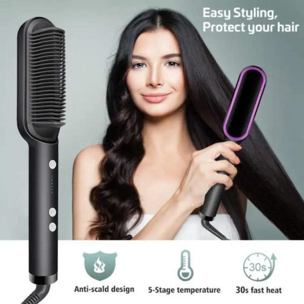 Hair Straightening Brush | Electric 2‑in‑1 Straightener & Curler | Heating Styling Comb | Quick 3‑Minute Styling