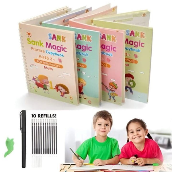 Sank Magic Practice Book Set 4 Books with Pen & 10 Refills Kids Handwriting Learning Kit